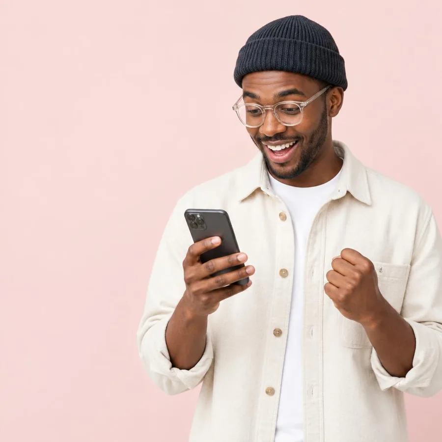 Person smiling while using a phone